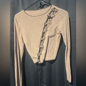 Beige Long Sleeve Top with Lace-Up Detail